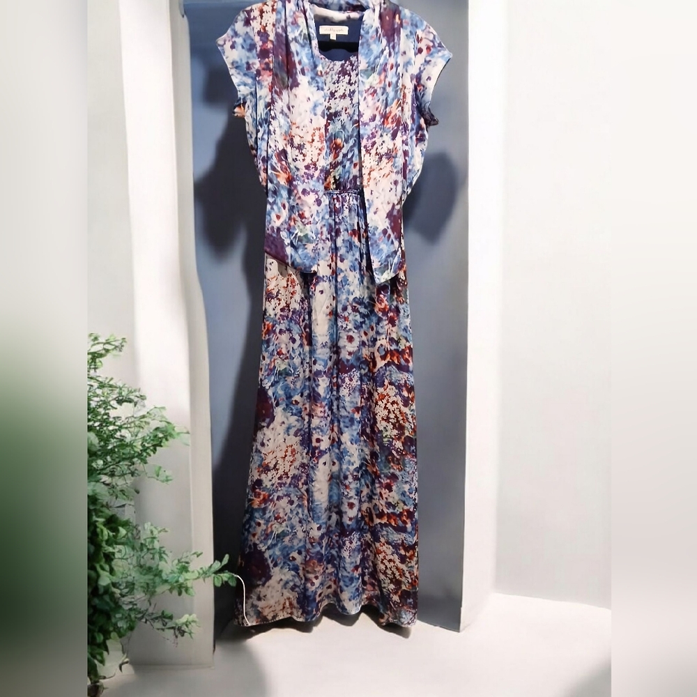 Shabby Apple Scarf Blue Floral Maxi Modest Dress Womans size 12 Chic Silky